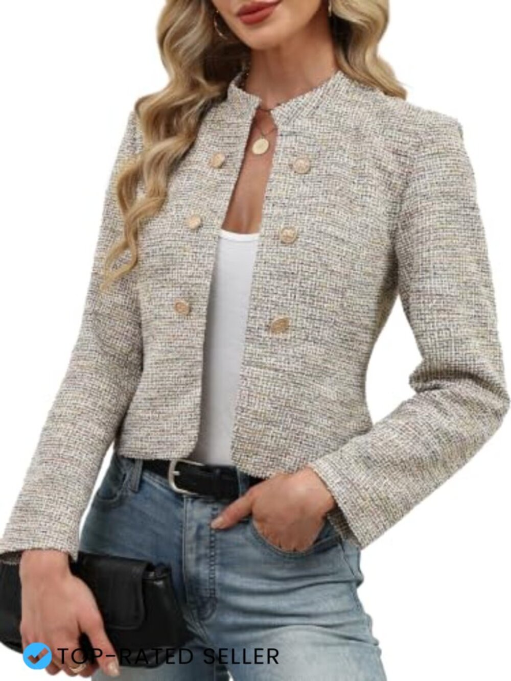Tweed Stand Collar Slim Fit Cropped Blazer Long Sleeve Business Casual